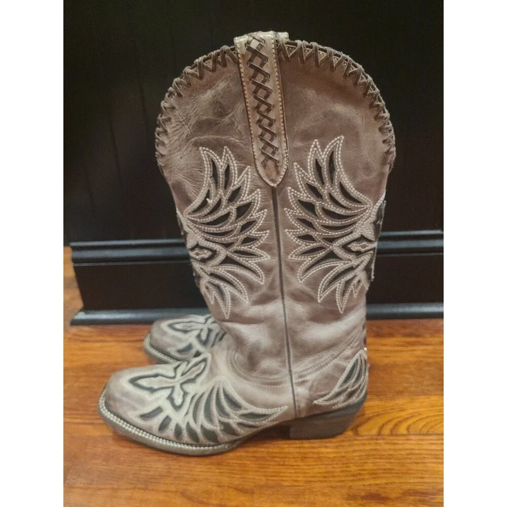 JB Dillon Reserve Buttercup Womens 11C Taupe White Western Leather Boots JBR6078